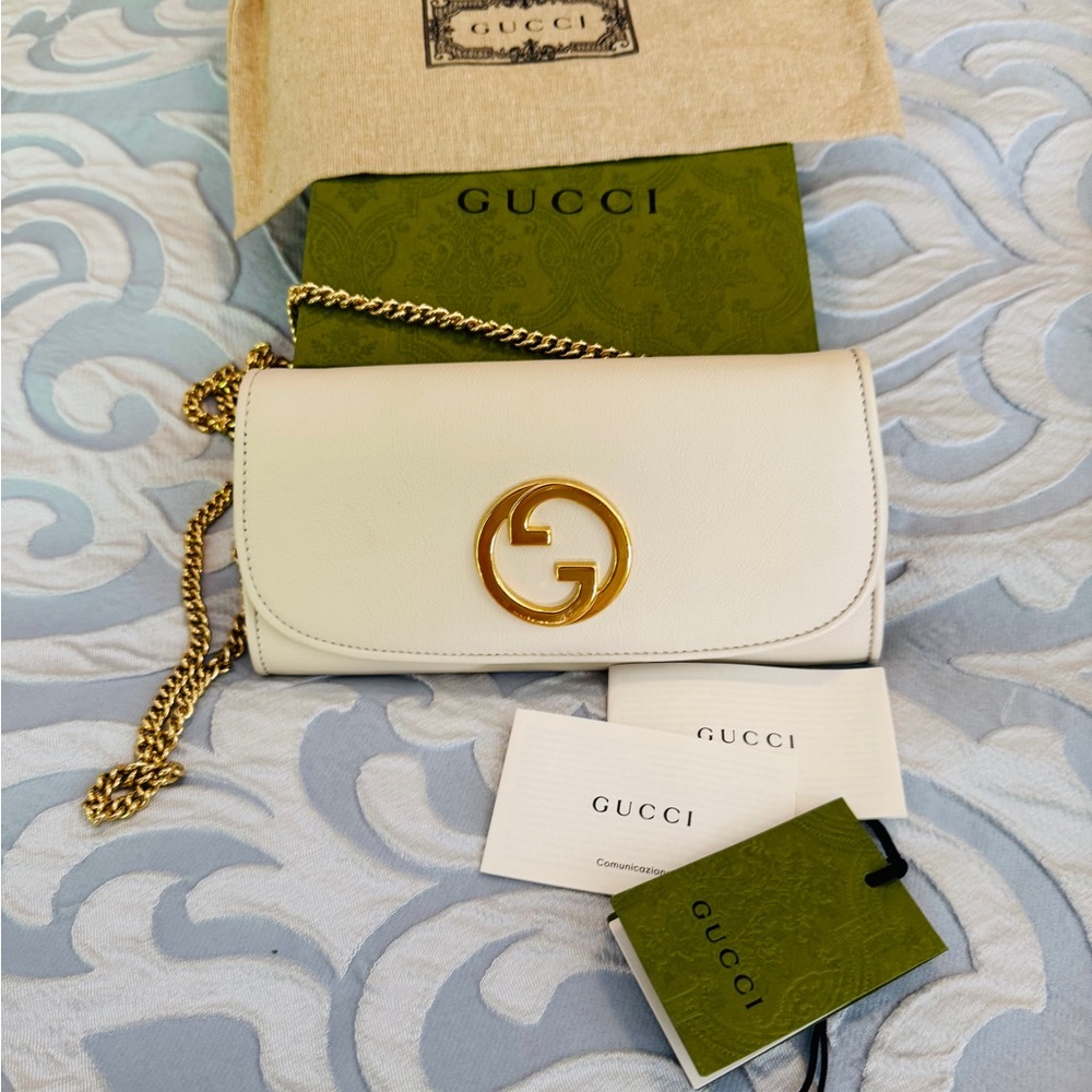 Gucci Interlocking G Ivory Leather Blondie Crossbody with Gold Chain
